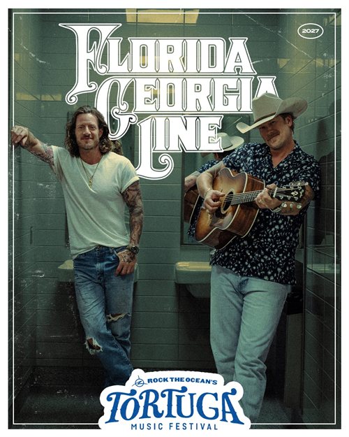 Florida Georgia Line members Tyler Hubbard and Brian Kelley with Tortuga Music Festival 2027 artwork.