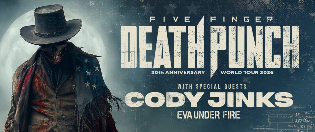 Official Five Finger Death Punch 20th Anniversary World Tour 2026 artwork with special guests Cody Jinks and Eva Under Fire