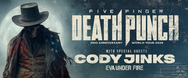 Official Five Finger Death Punch 20th Anniversary World Tour 2026 artwork with special guests Cody Jinks and Eva Under Fire
